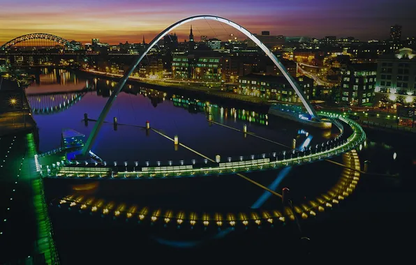 Night, lights, river, England, home, arch, Gateshead, Millennium bridge