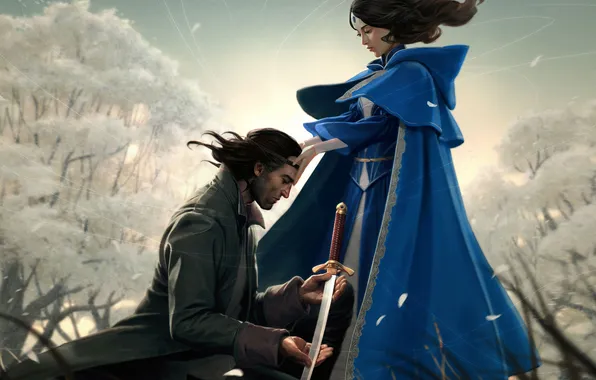 Picture grass, girl, weapons, the wind, petals, male