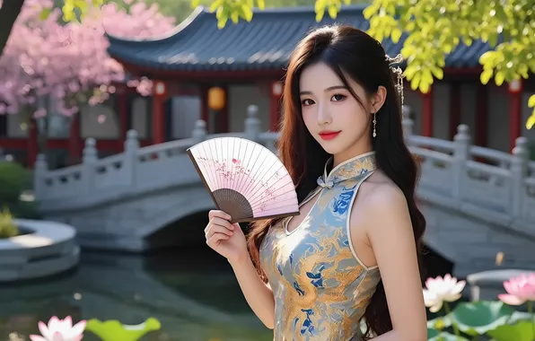 Look, girl, lake, pond, Park, earrings, dress, long hair