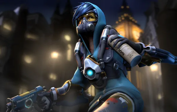 Girl, night, the city, gun, graffiti, mask, glasses, Overwatch