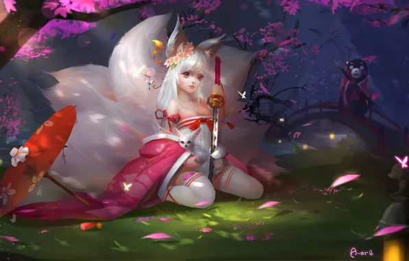 Anime, art, little Fox, Little fox demon, Tiqi 丿