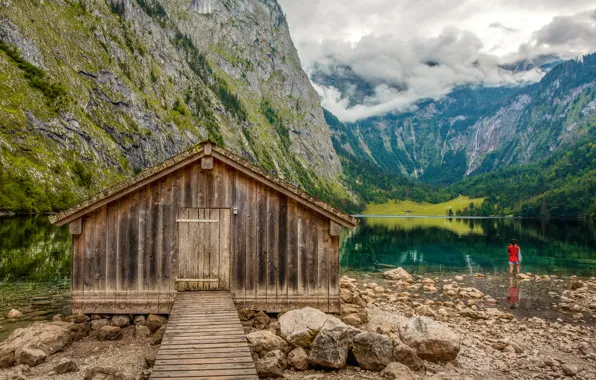 Girl, mountains, lake, shore, house