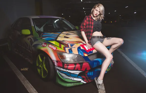 Car, girl, yellow, sexy, green, green, tattoo, lexus