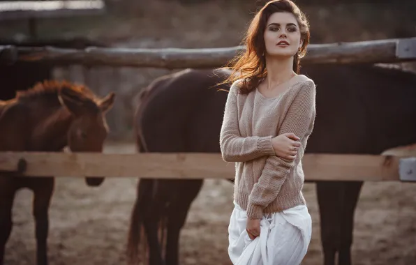Girl, pose, horse, sweater, Elena Molchanova