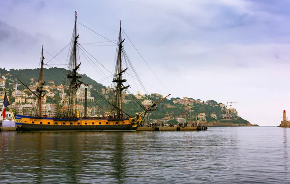 Sea, trees, landscape, shore, France, ship, home, sailboat