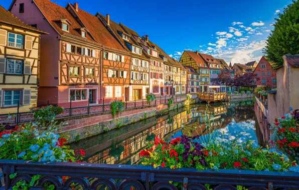 Flowers, reflection, France, building, home, channel, promenade, France