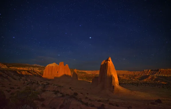 Night, rocks, desert, canyon, starry sky