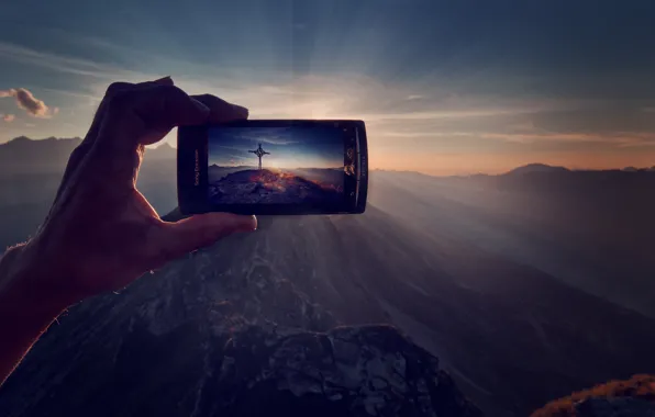 Rays, light, mountains, nature, dawn, people, hand, technique