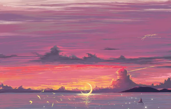 Sea, the sky, sunset, birds, sailboat, fantasy, Crescent