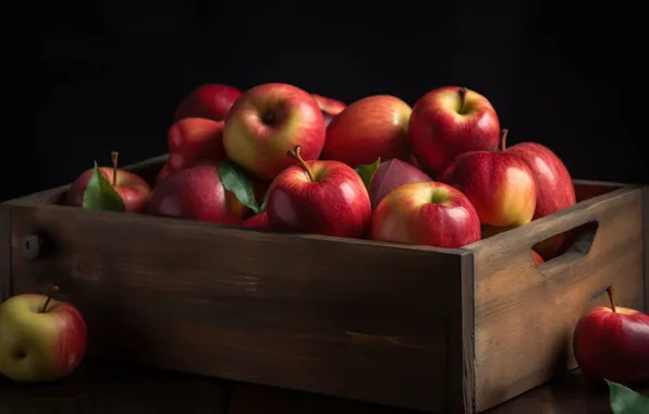 Apples, red, box, digital art, AI art, neural network, the art of artificial intelligence