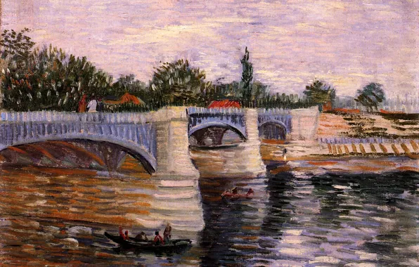 Bridge, people, boat, Vincent van Gogh, with the Pont de la Grande Jette, The Seine