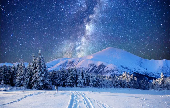 Winter, Mountains, Snow, Winter, Snow, Mountains, Starry sky, Starry sky