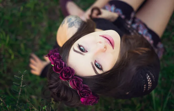 Flowers, face, makeup, brunette, bezel