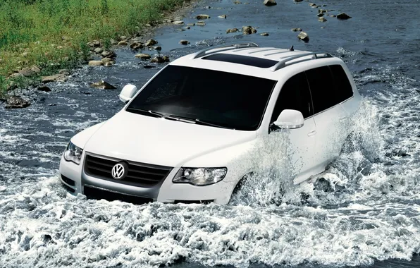 White, grass, river, stones, volkswagen, jeep, SUV, the front