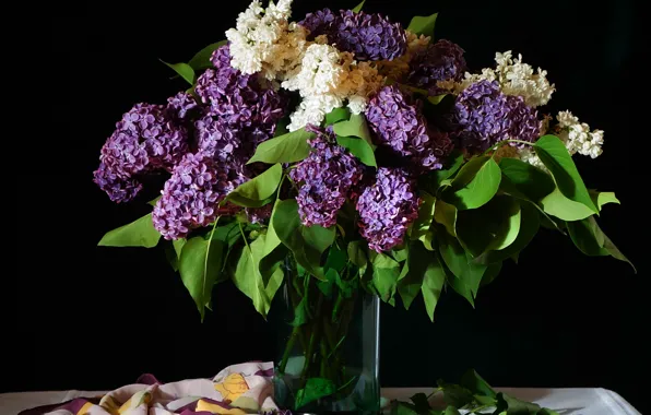 White, bouquet, vase, purple, shawl, lilac