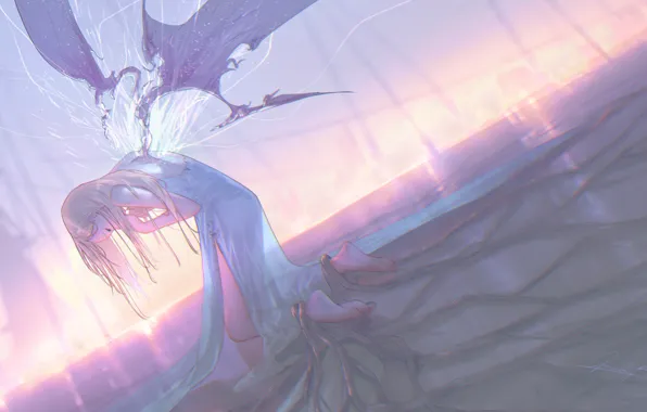 Light, roots, wings, fantasy, girl, by Goroku