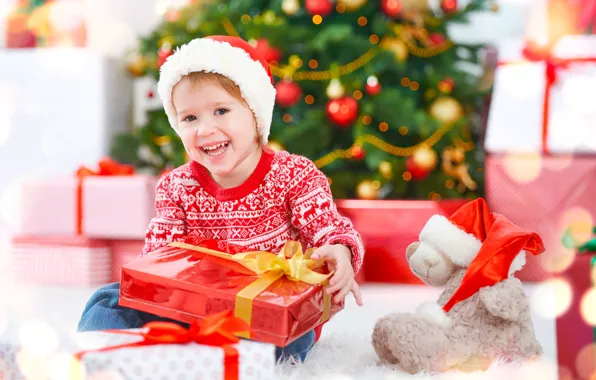 Winter, joy, smile, toy, tree, child, boy, bear