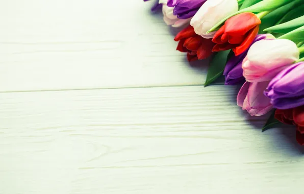 Flowers, bouquet, colorful, tulips, red, white, wood, flowers
