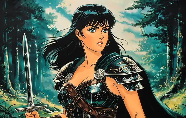 Forest, girl, glade, sword, brunette, outfit, armor, cloak