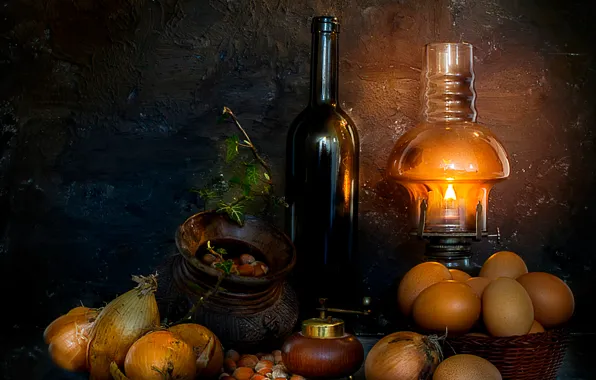 Picture bottle, lamp, eggs, bow, nuts, still life, Farm house table