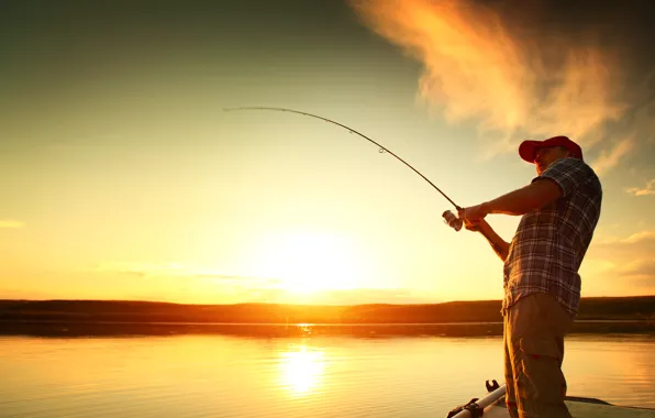 Light, sunset, water, man, fishing