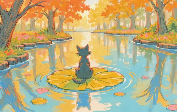 Autumn, cat, cat, water, trees, nature, pose, lake