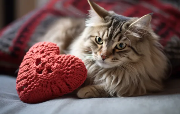 Cat, cat, look, pose, grey, red, toy, heart