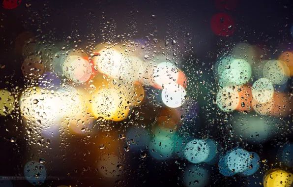 Wet, glass, drops, macro, night, the city, lights, bokeh