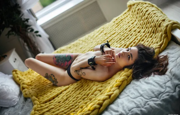 Lingerie, model, tattoo, women, window, room, brunette, bed