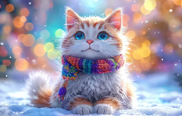 Cat, Snow, Cat, Rainbow, New year, Scarf, Bokeh