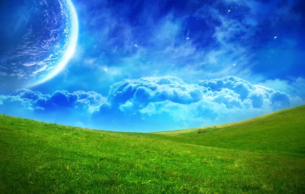Field, clouds, blue, green, planet