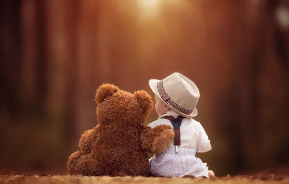 Together, child, hat, bear, friends