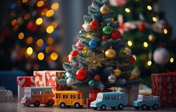 Machine, toys, Christmas, New year, herringbone, cars, buses, Christmas tree