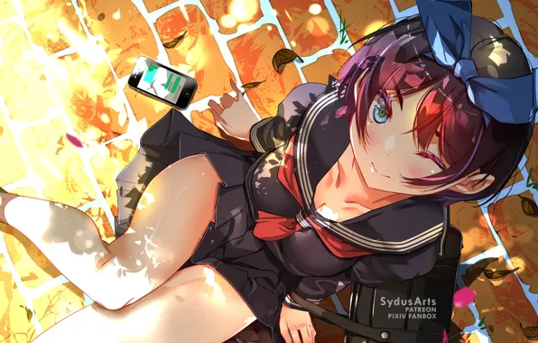 Girl, legs, cutie, uniform, the view from the top, smartphone, short skirt, anime girl
