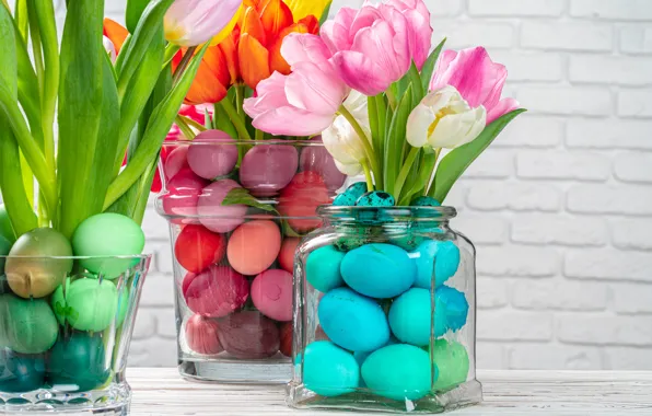 Picture flowers, eggs, spring, colorful, Easter, tulips, happy, pink