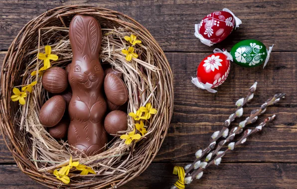 Picture chocolate, eggs, colorful, rabbit, candy, Easter, wood, Verba