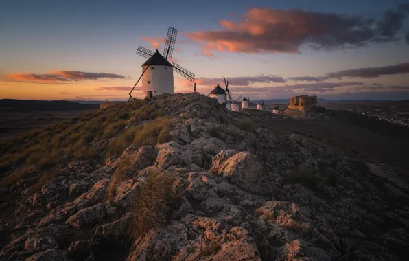 The sky, clouds, stones, castle, rocks, hill, windmills, windmill