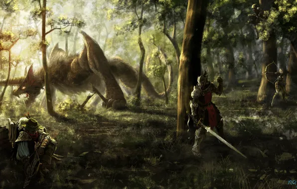 Dragon, Archer, hunting, knights, anime