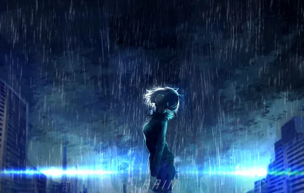 Picture the sky, girl, clouds, the city, rain, home, anime, headphones