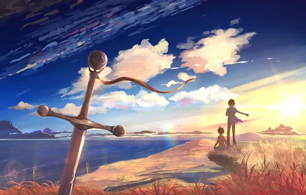 The sky, grass, the sun, clouds, sunset, weapons, the ocean, sword