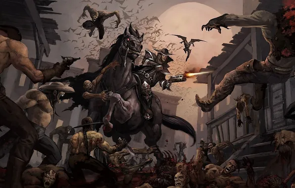 Picture the city, weapons, horse, the moon, zombies, rider, battle, corpses