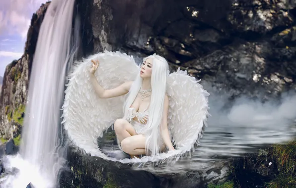 Water, girl, pose, style, waterfall, wings, feathers, Asian