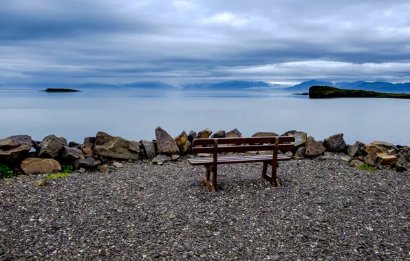 Picture stones, shore, horizon, Iceland, bench