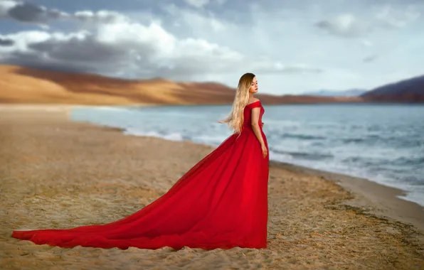 The sky, girl, pose, lake, red, shore, dress, bokeh