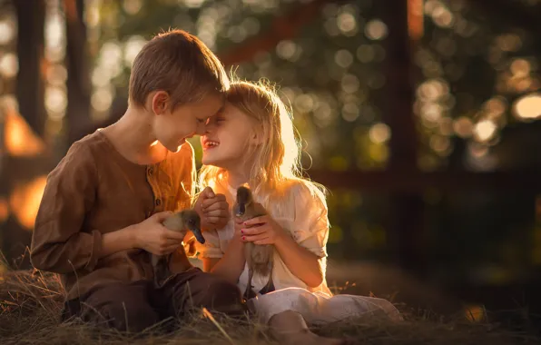 Light, children, laughter, boy, hay, girl, straw, a couple