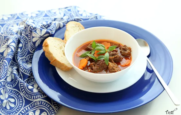 Bread, soup, meat, bowl, vegetables