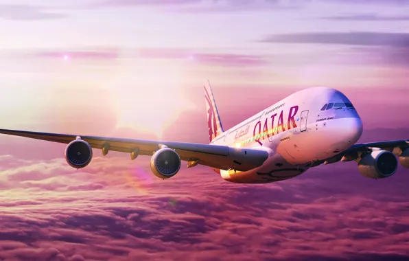 The sky, Flight, A380, The plane, Airbus, Airbus, Qatar, Qatar