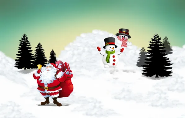 Winter, Snow, Christmas, New year, Santa Claus, Tree, Gifts, Snowmen