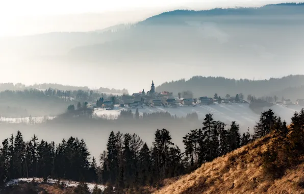 Picture mountains, the city, fog, morning