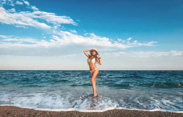 Sea, beach, swimsuit, the sky, look, the sun, pose, model